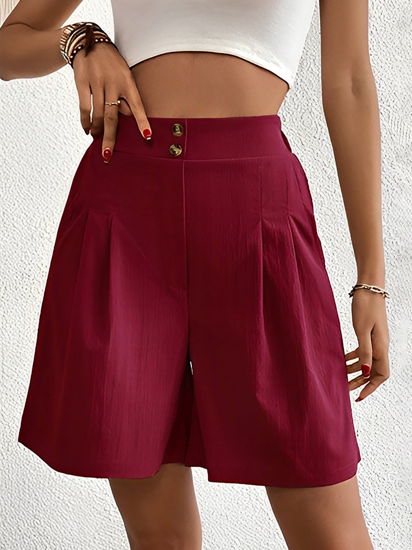 Solid Color High Waist Pleated Pocketed Shorts