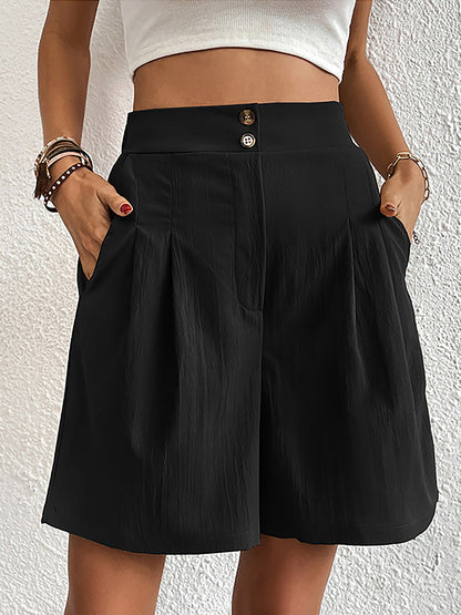 Solid Color High Waist Pleated Pocketed Shorts