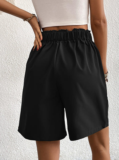 Solid Color High Waist Pleated Pocketed Shorts