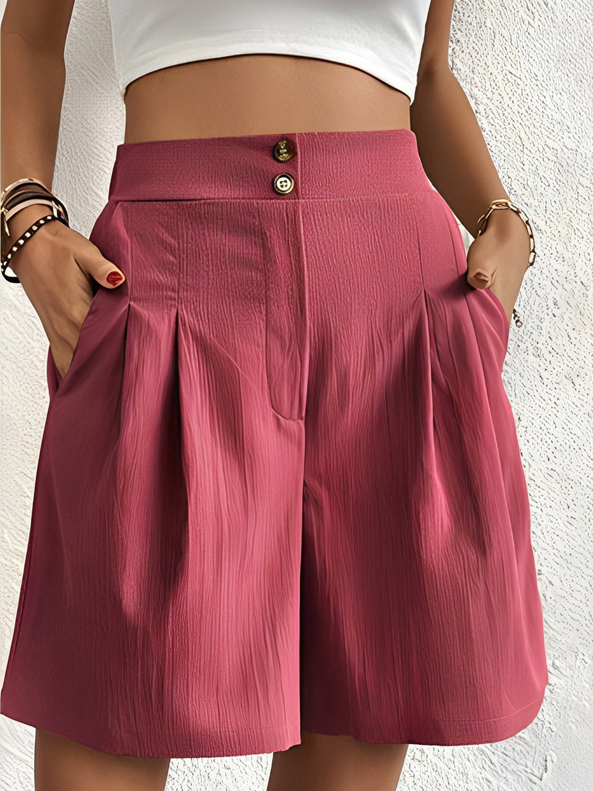 Solid Color High Waist Pleated Pocketed Shorts