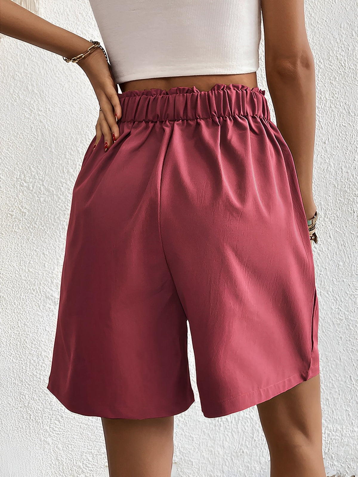 Solid Color High Waist Pleated Pocketed Shorts