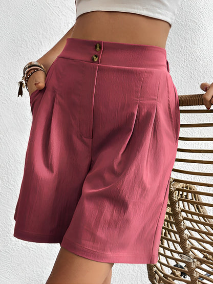 Solid Color High Waist Pleated Pocketed Shorts