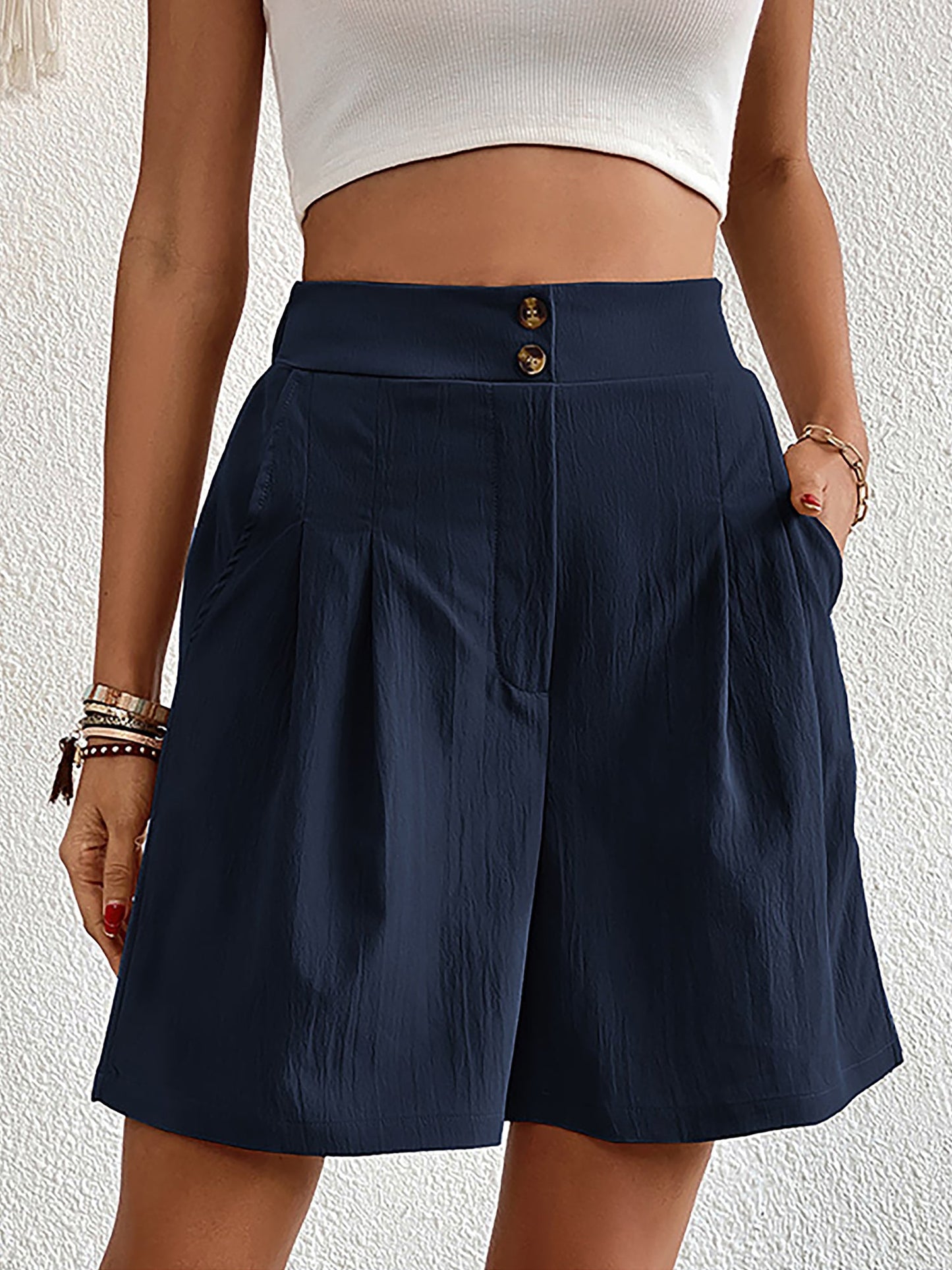 Solid Color High Waist Pleated Pocketed Shorts
