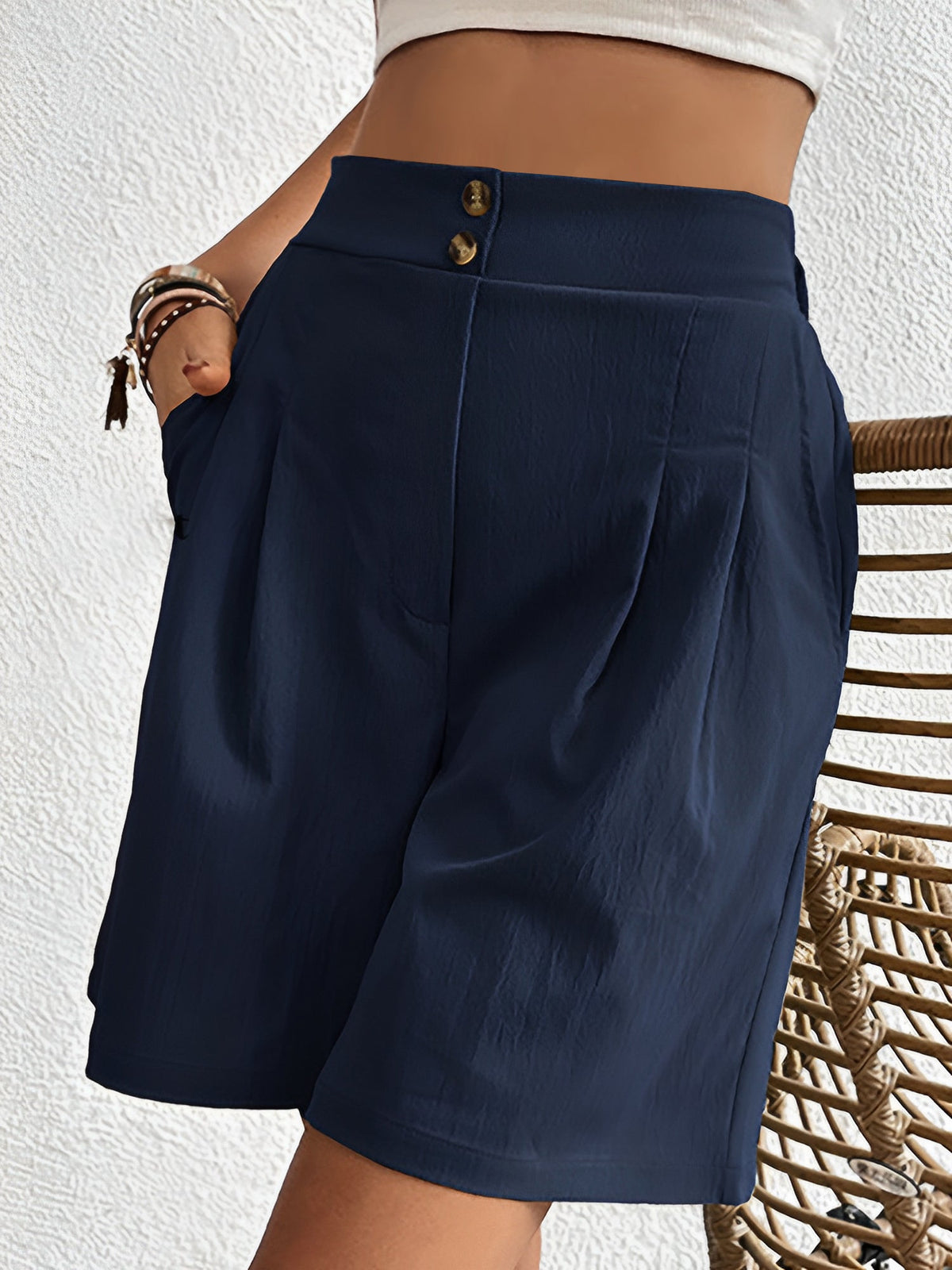 Solid Color High Waist Pleated Pocketed Shorts