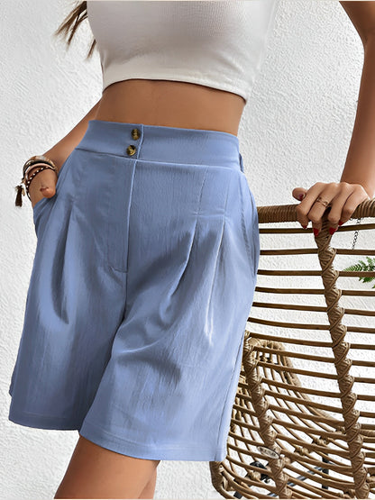 Solid Color High Waist Pleated Pocketed Shorts