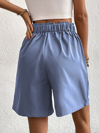 Solid Color High Waist Pleated Pocketed Shorts