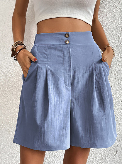 Solid Color High Waist Pleated Pocketed Shorts