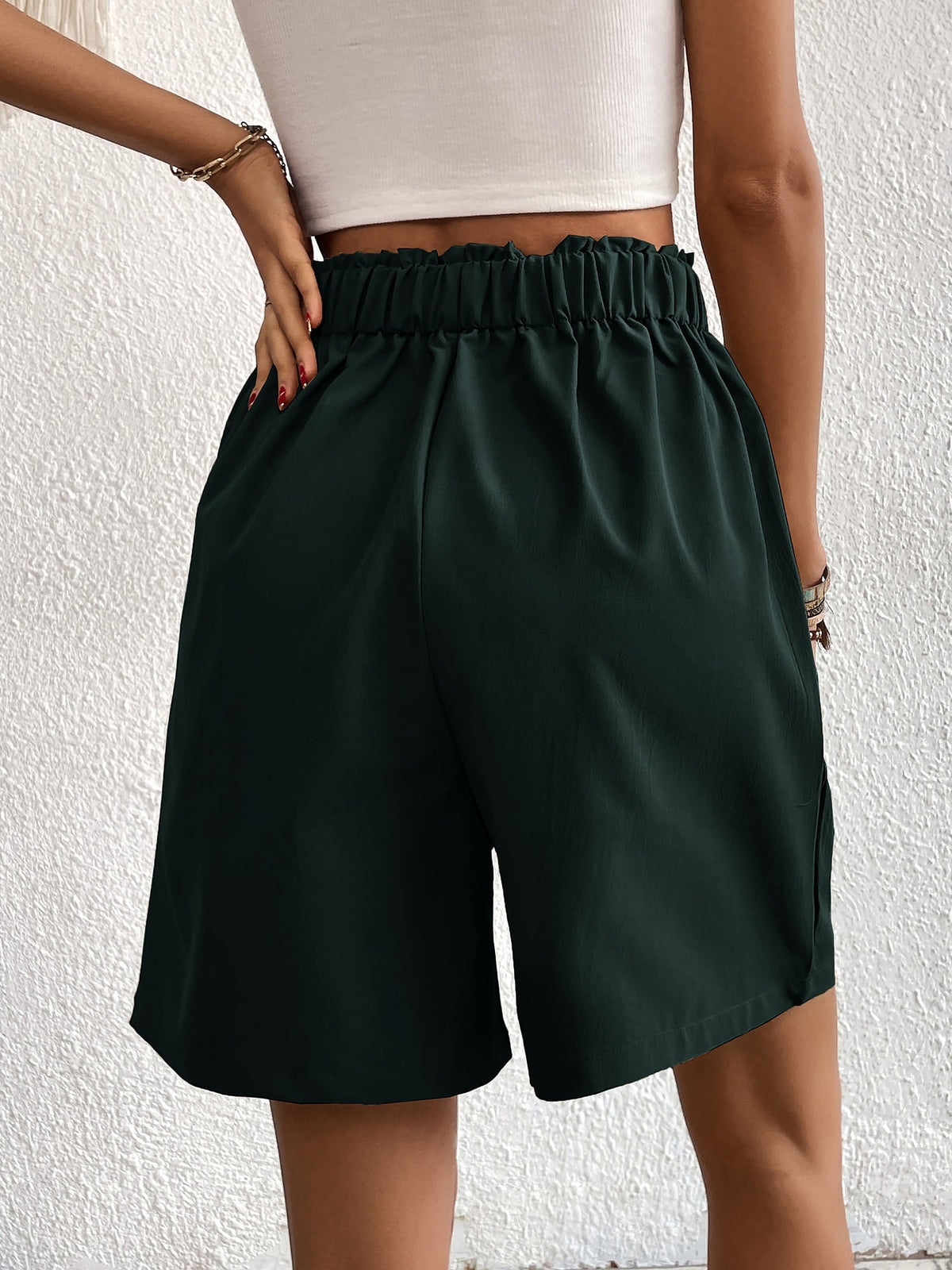 Solid Color High Waist Pleated Pocketed Shorts