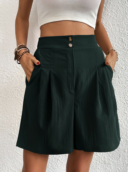 Solid Color High Waist Pleated Pocketed Shorts