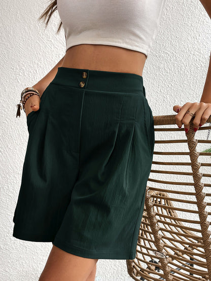 Solid Color High Waist Pleated Pocketed Shorts