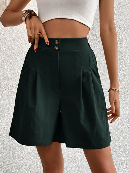 Solid Color High Waist Pleated Pocketed Shorts
