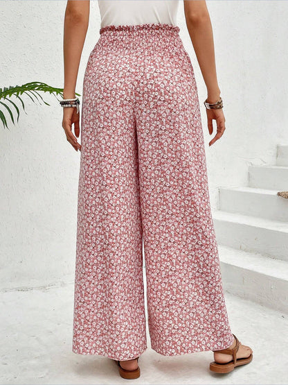 Versatile Ankle-Length Graphic Smocked Elastic Waist Wide Legs Pants