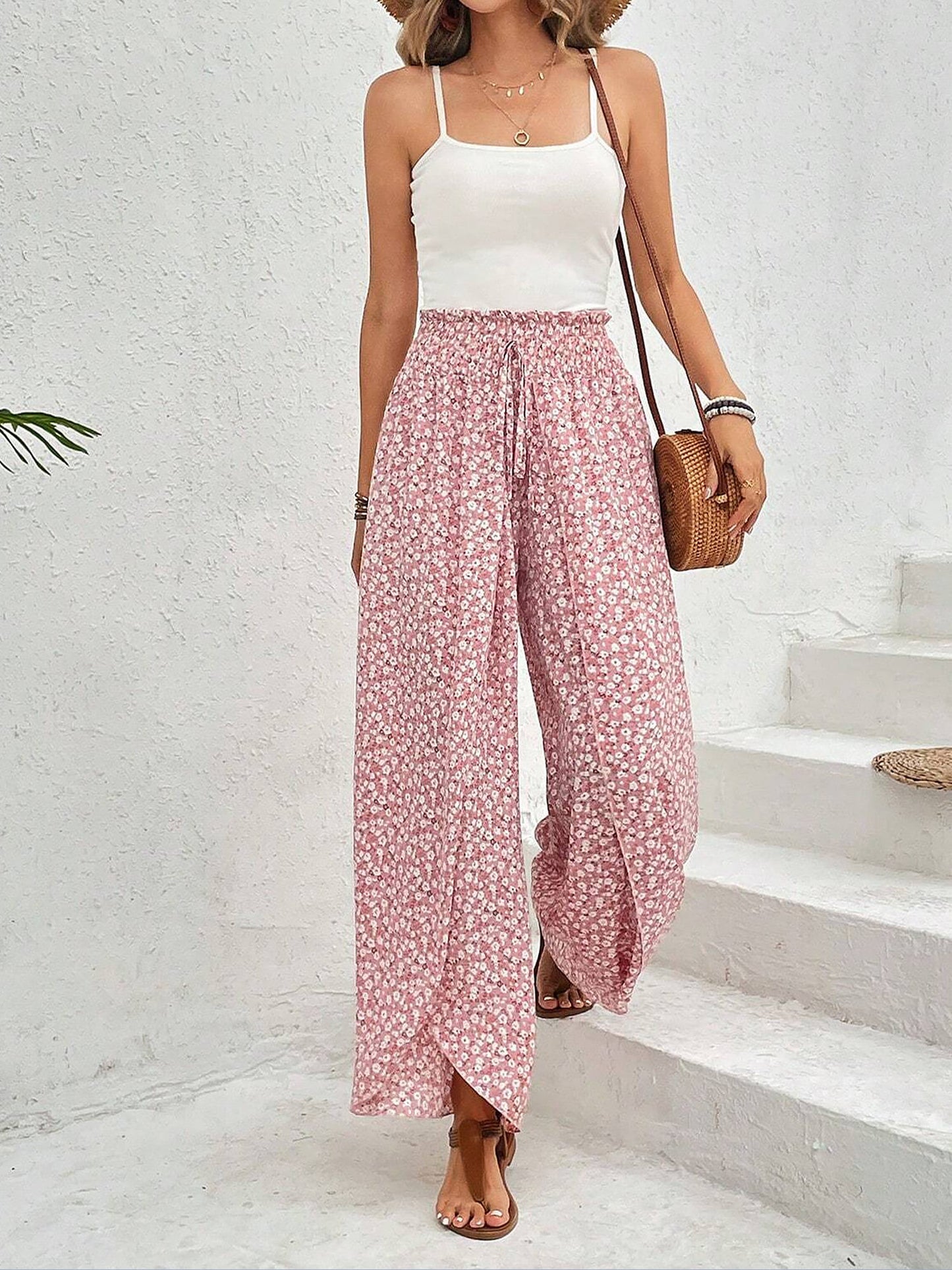 Versatile Ankle-Length Graphic Smocked Elastic Waist Wide Legs Pants