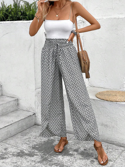 Versatile Ankle-Length Graphic Smocked Elastic Waist Wide Legs Pants