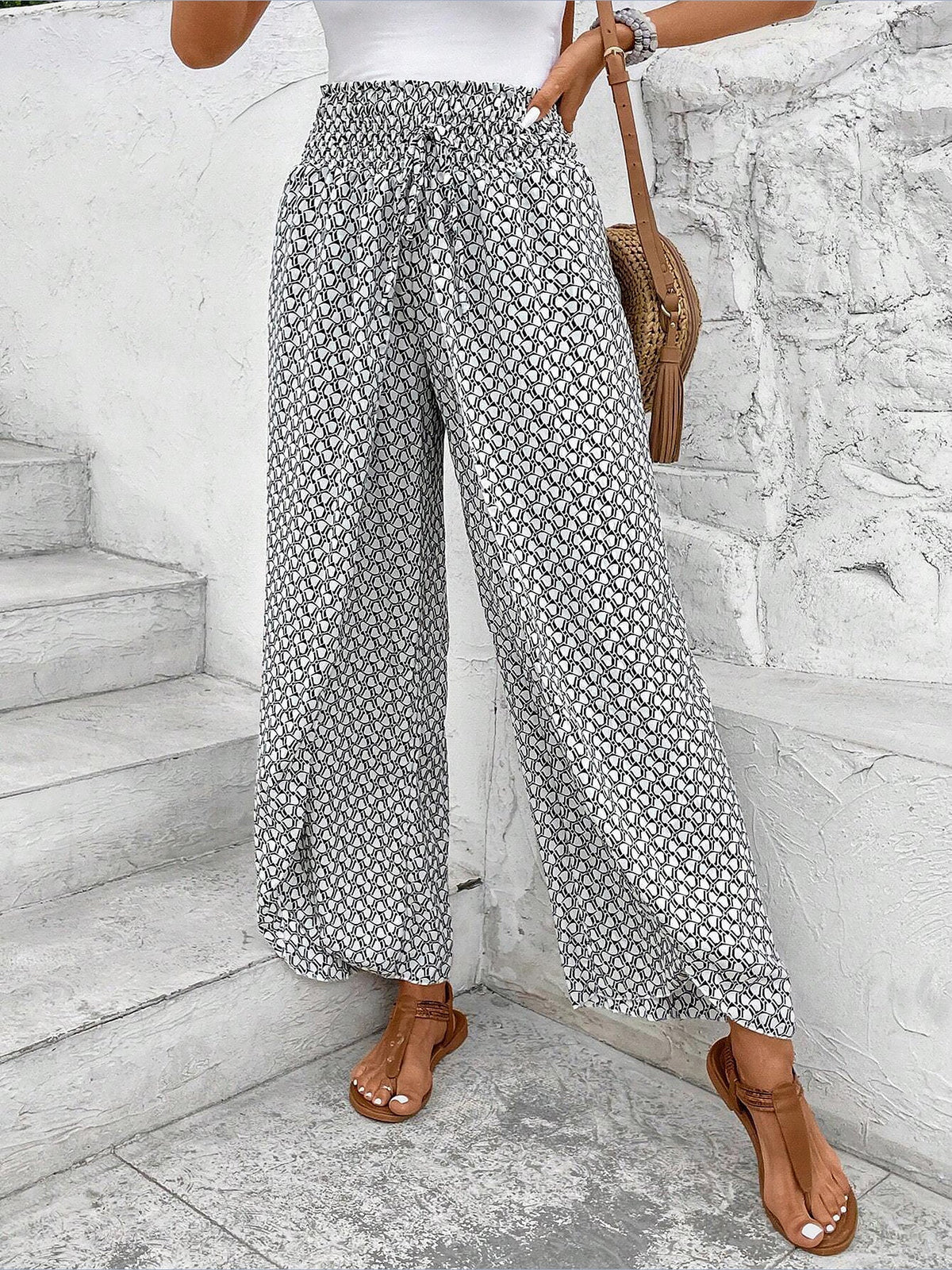Versatile Ankle-Length Graphic Smocked Elastic Waist Wide Legs Pants