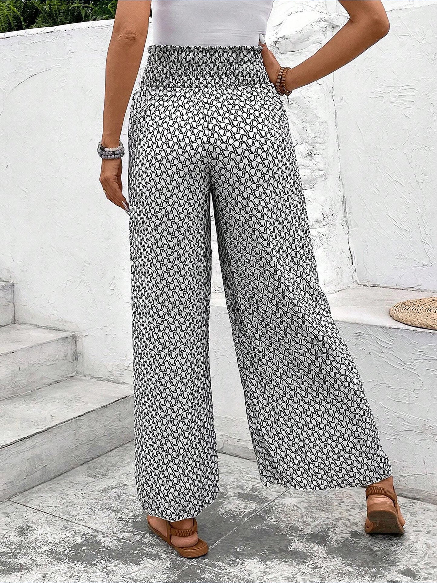 Versatile Ankle-Length Graphic Smocked Elastic Waist Wide Legs Pants
