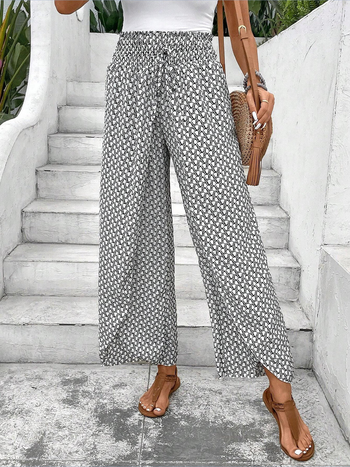 Versatile Ankle-Length Graphic Smocked Elastic Waist Wide Legs Pants