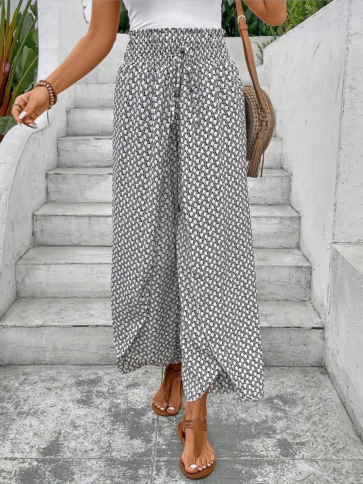 Versatile Ankle-Length Graphic Smocked Elastic Waist Wide Legs Pants
