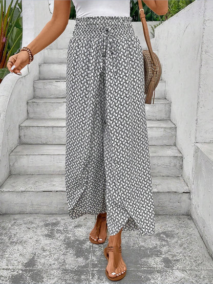 Versatile Ankle-Length Graphic Smocked Elastic Waist Wide Legs Pants