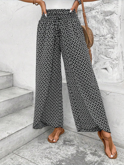 Versatile Ankle-Length Graphic Smocked Elastic Waist Wide Legs Pants