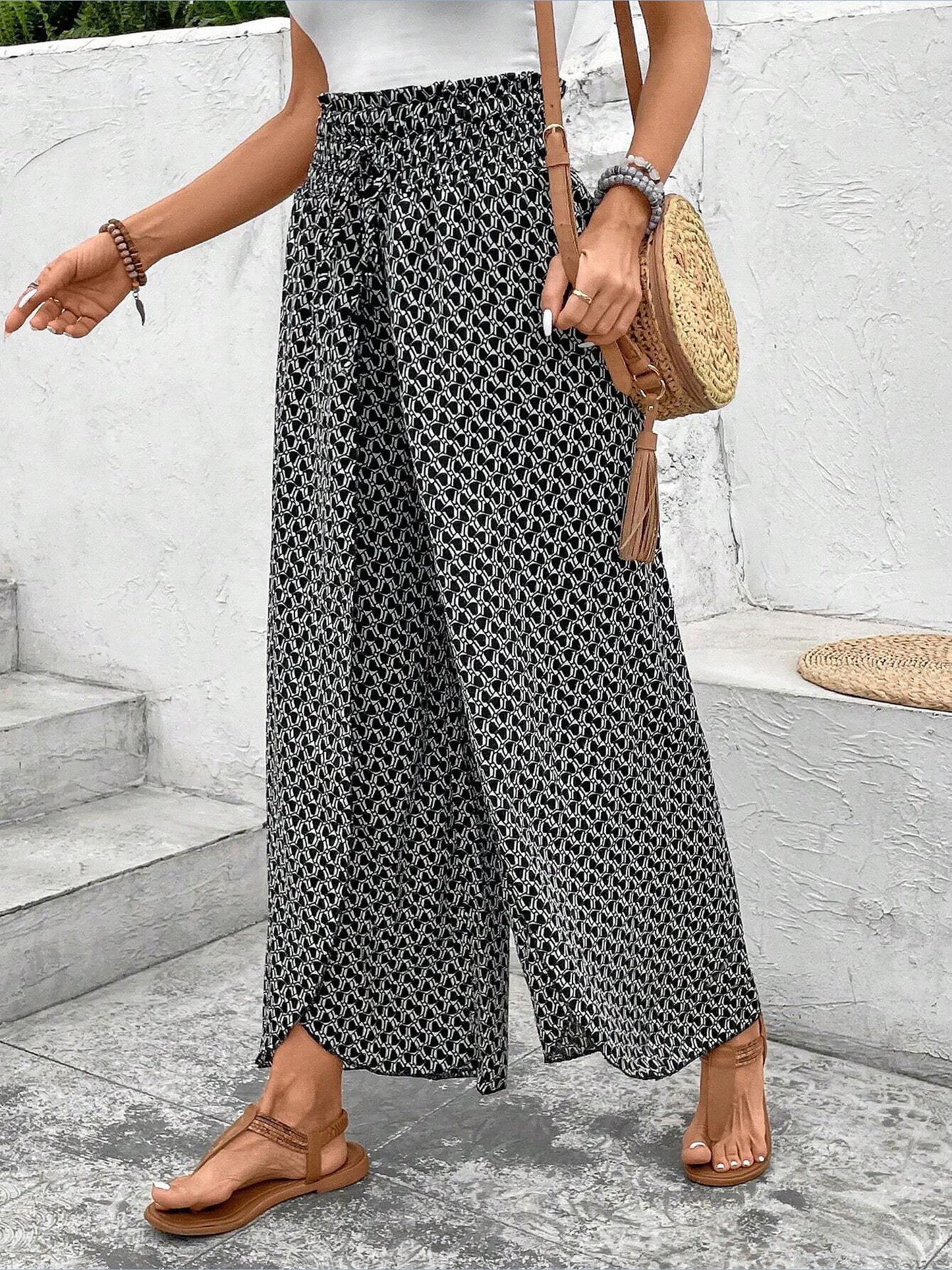 Versatile Ankle-Length Graphic Smocked Elastic Waist Wide Legs Pants