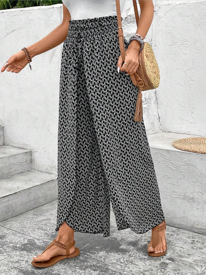 Versatile Ankle-Length Graphic Smocked Elastic Waist Wide Legs Pants