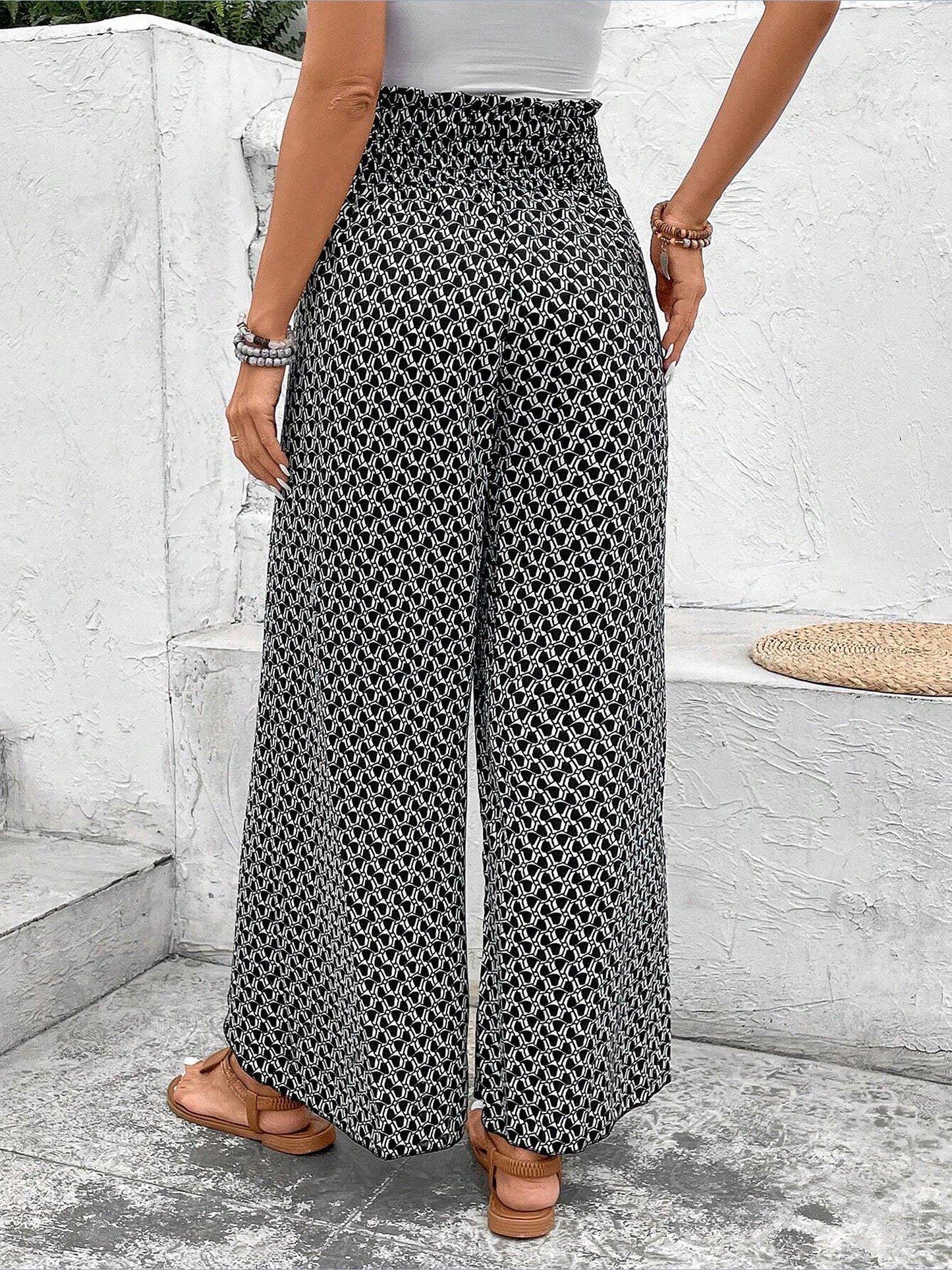 Versatile Ankle-Length Graphic Smocked Elastic Waist Wide Legs Pants