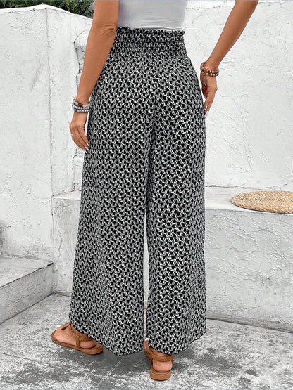 Versatile Ankle-Length Graphic Smocked Elastic Waist Wide Legs Pants
