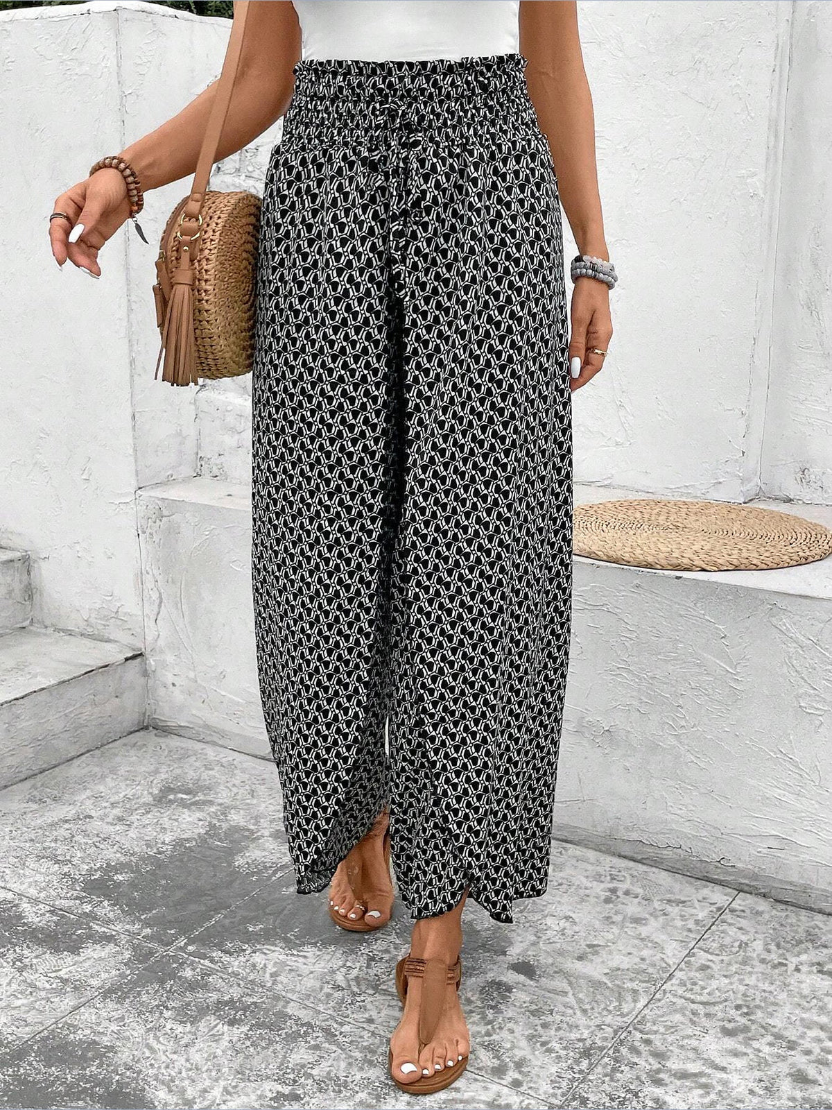 Versatile Ankle-Length Graphic Smocked Elastic Waist Wide Legs Pants