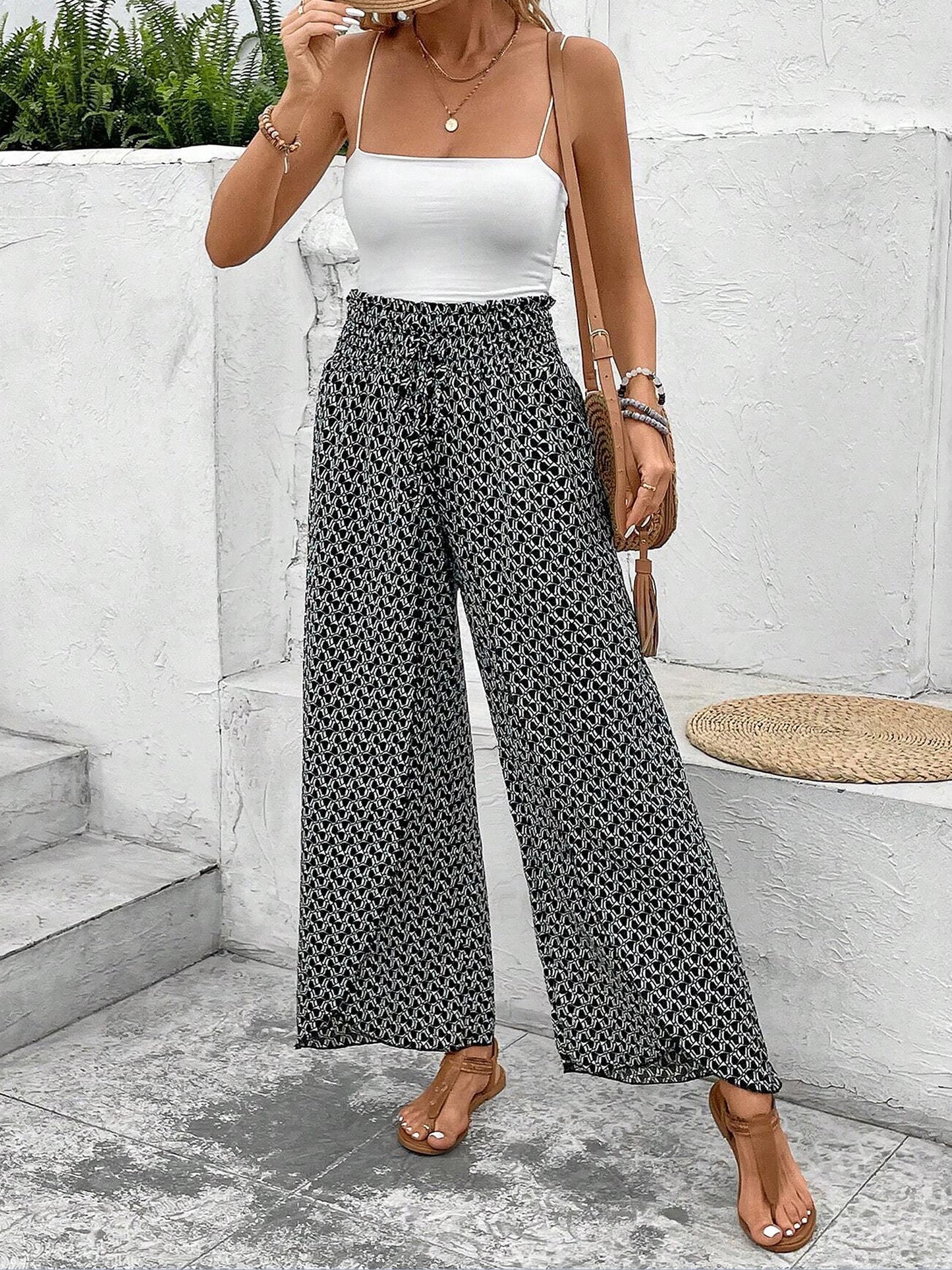 Versatile Ankle-Length Graphic Smocked Elastic Waist Wide Legs Pants