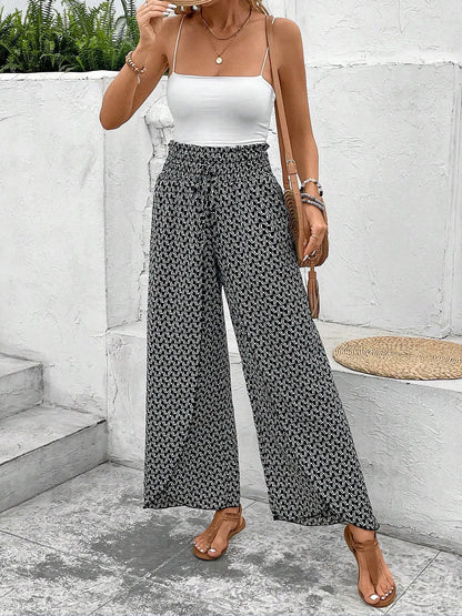 Versatile Ankle-Length Graphic Smocked Elastic Waist Wide Legs Pants