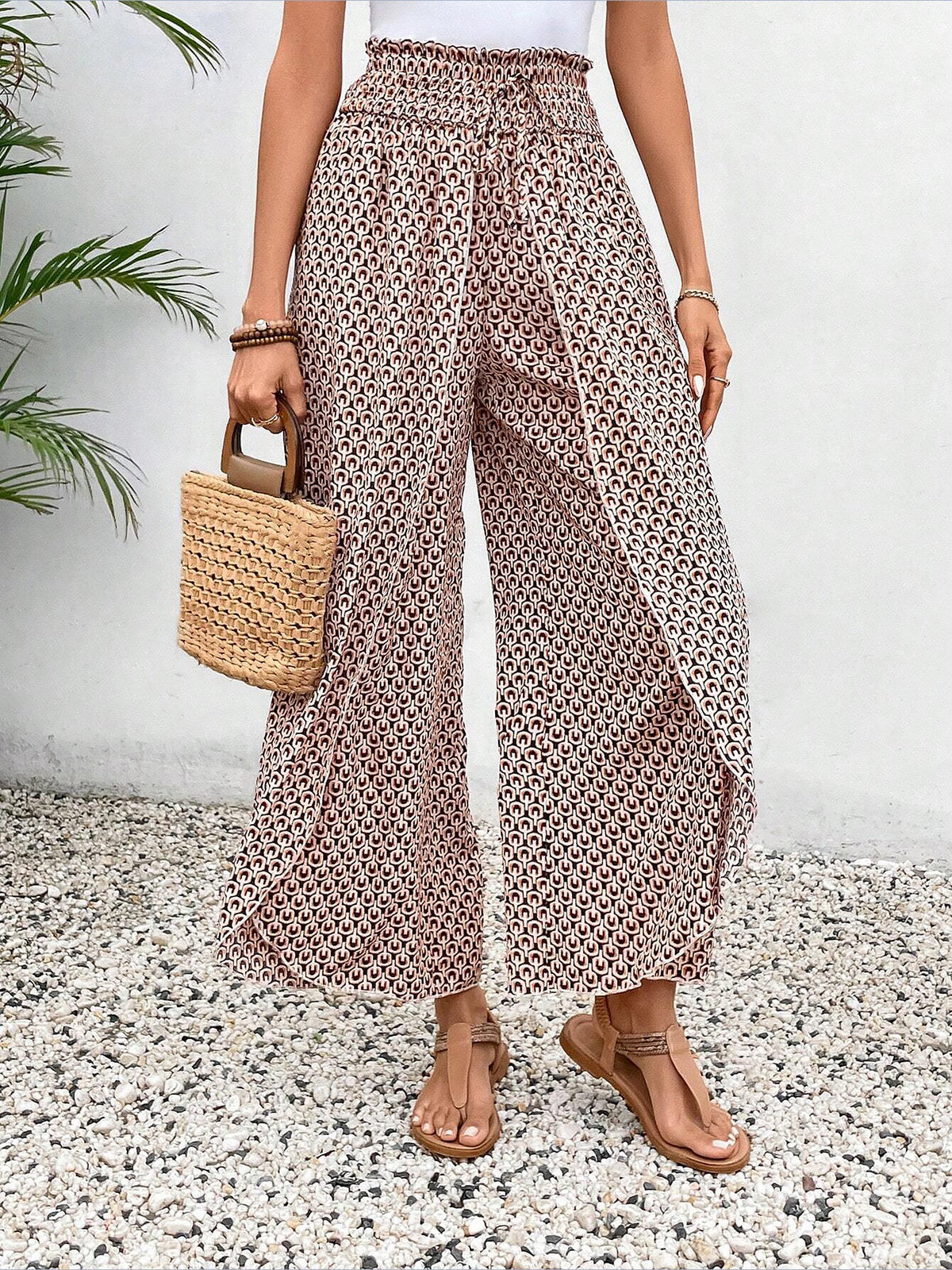Versatile Ankle-Length Graphic Smocked Elastic Waist Wide Legs Pants