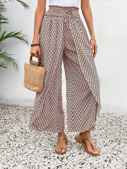 Versatile Ankle-Length Graphic Smocked Elastic Waist Wide Legs Pants