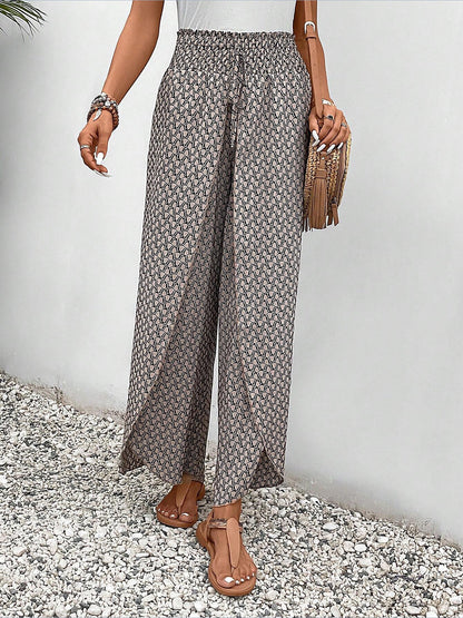 Versatile Ankle-Length Graphic Smocked Elastic Waist Wide Legs Pants