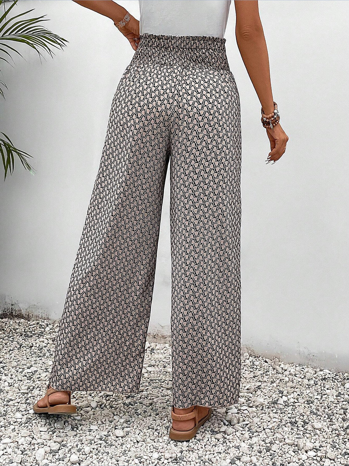 Versatile Ankle-Length Graphic Smocked Elastic Waist Wide Legs Pants
