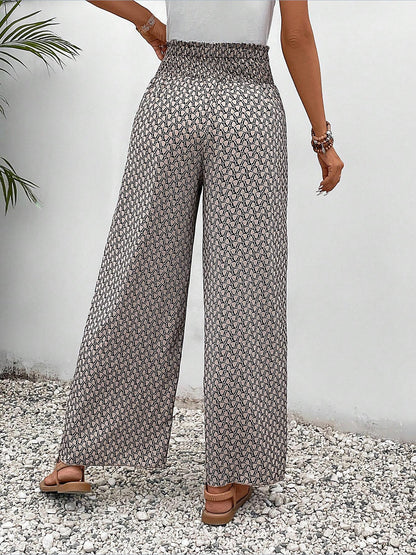Versatile Ankle-Length Graphic Smocked Elastic Waist Wide Legs Pants