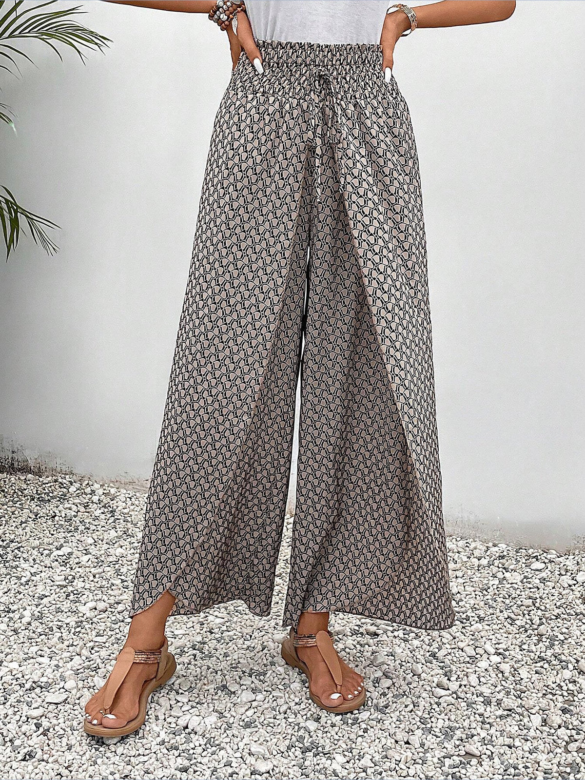 Versatile Ankle-Length Graphic Smocked Elastic Waist Wide Legs Pants