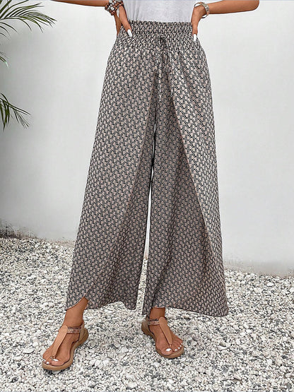 Versatile Ankle-Length Graphic Smocked Elastic Waist Wide Legs Pants