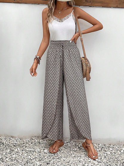 Versatile Ankle-Length Graphic Smocked Elastic Waist Wide Legs Pants
