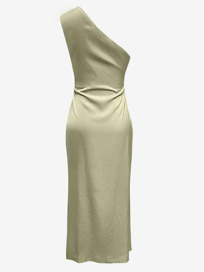 Luxurious Silky One Shoulder Sleeveless Slit Satin Maxi Dress for Weddings and Parties