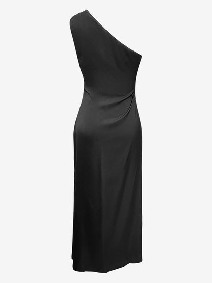 Luxurious Silky One Shoulder Sleeveless Slit Satin Maxi Dress for Weddings and Parties