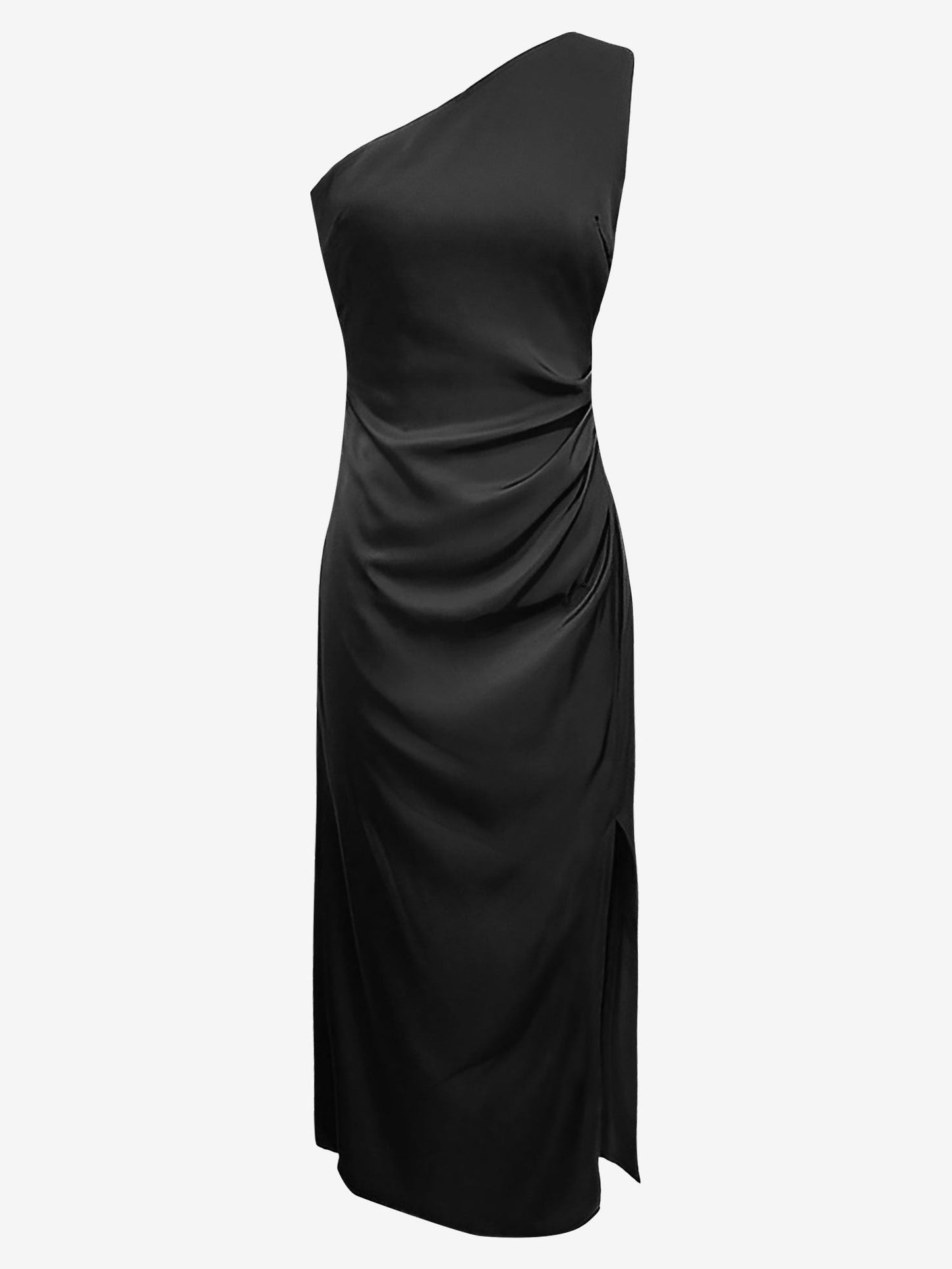 Luxurious Silky One Shoulder Sleeveless Slit Satin Maxi Dress for Weddings and Parties