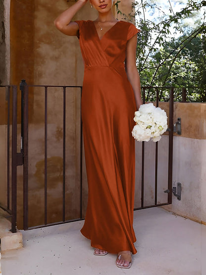 Satin V Neck Cap Sleeves Maxi Wedding Dress