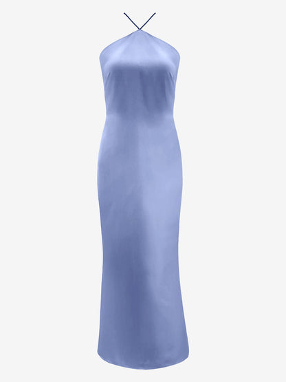Satin Halter Sleeveless Backless Wedding Maxi Dress