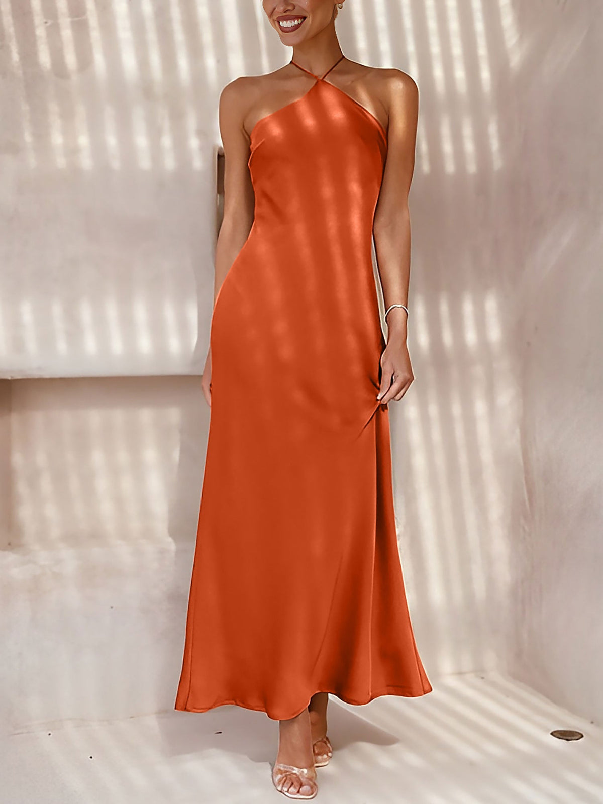 Satin Halter Sleeveless Backless Wedding Maxi Dress