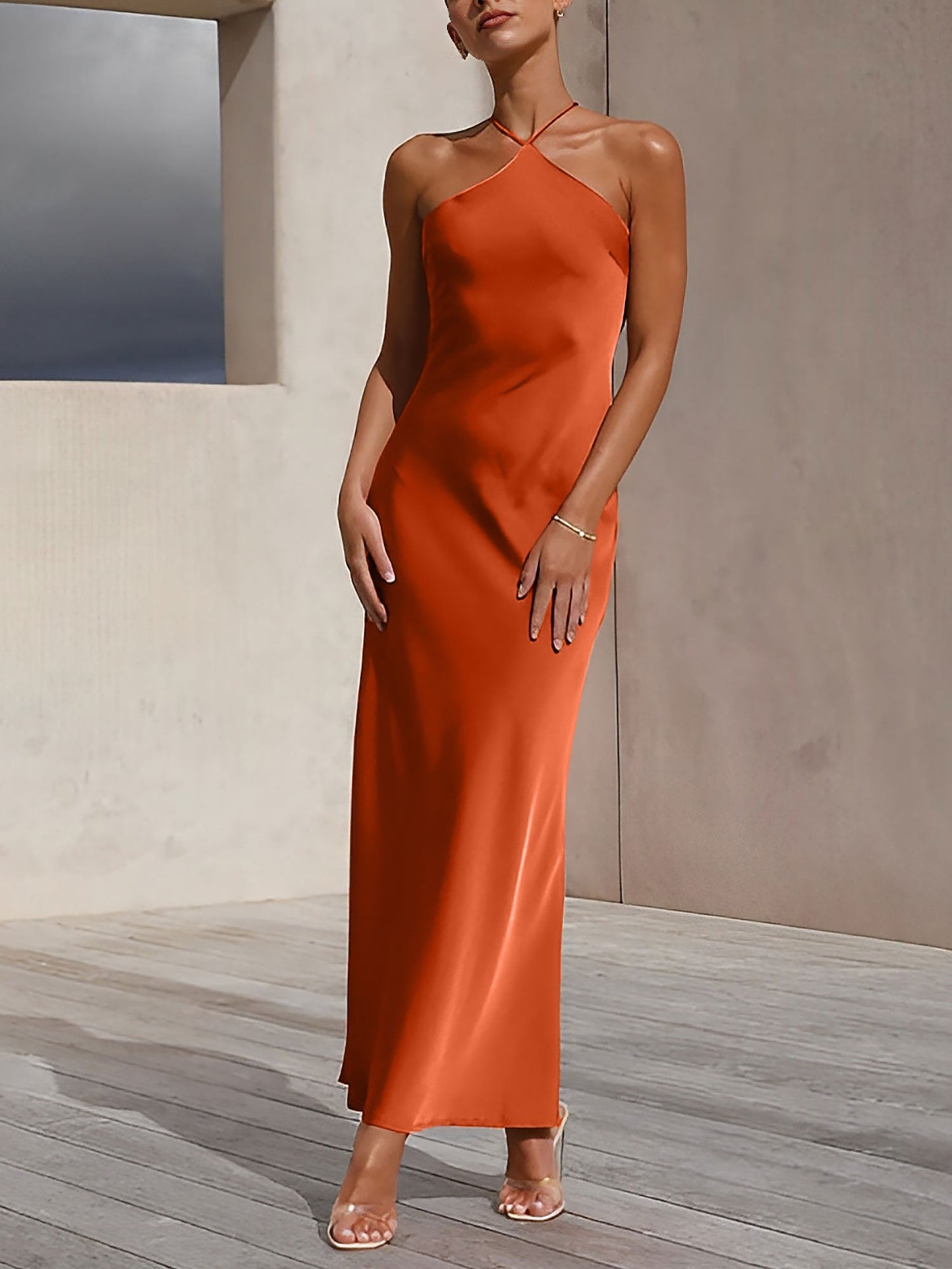 Satin Halter Sleeveless Backless Wedding Maxi Dress