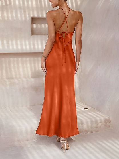 Satin Halter Sleeveless Backless Wedding Maxi Dress
