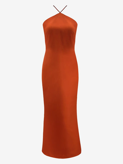 Satin Halter Sleeveless Backless Wedding Maxi Dress