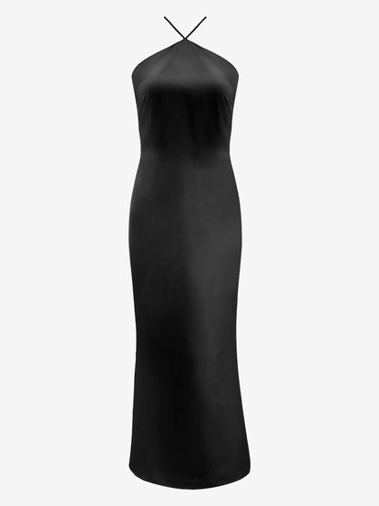 Satin Halter Sleeveless Backless Wedding Maxi Dress