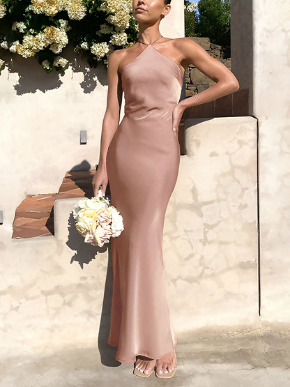 Satin Halter Sleeveless Backless Wedding Maxi Dress